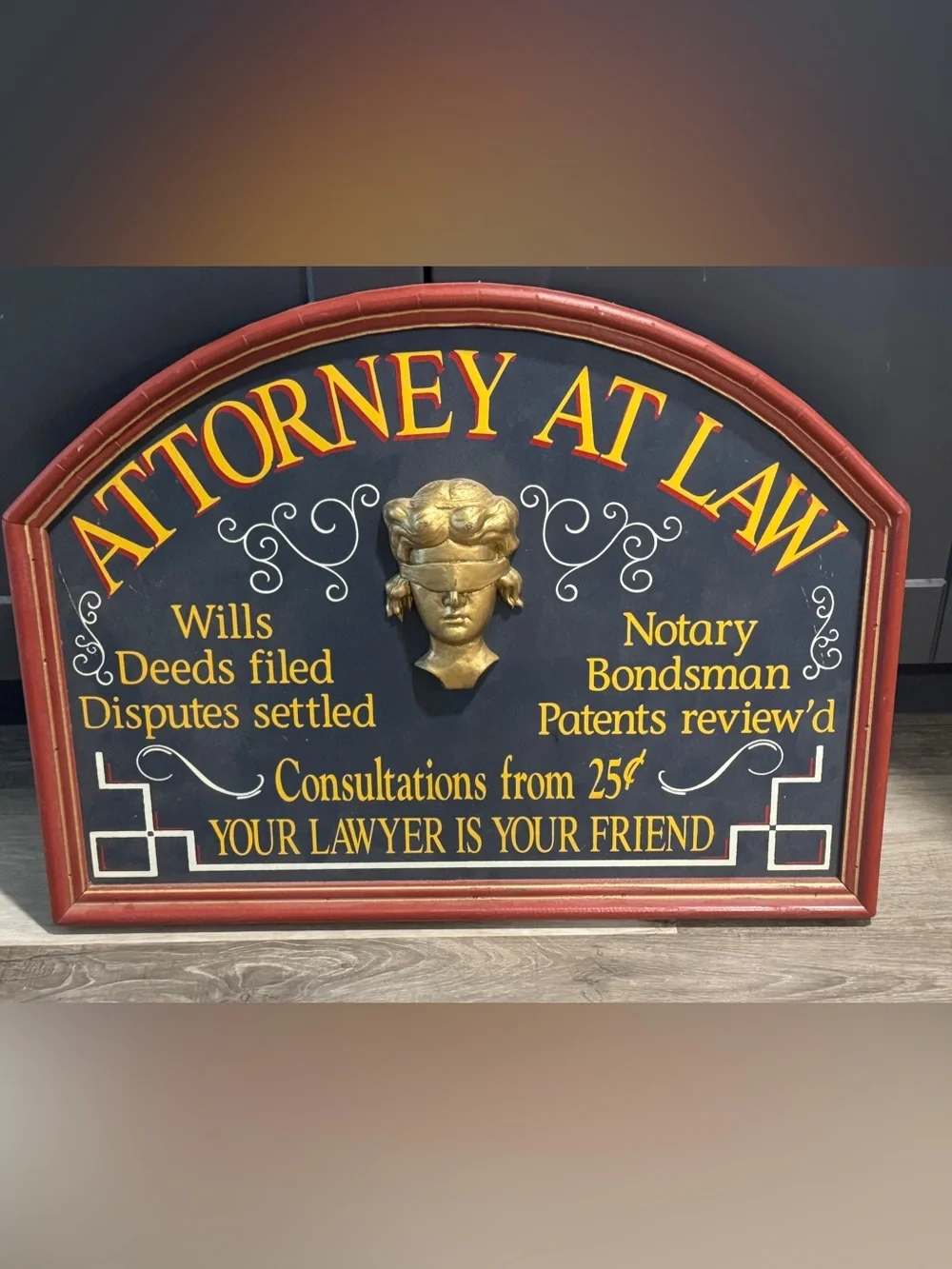 Vtg 1997 Attorney At Law Decorative Wall Plaque in Black Gold - Solid Wood USA